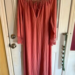 Vintage 60s/70s Vanity Fair Coral Long Nightgown Lace Tie Neck Glam Loungewear